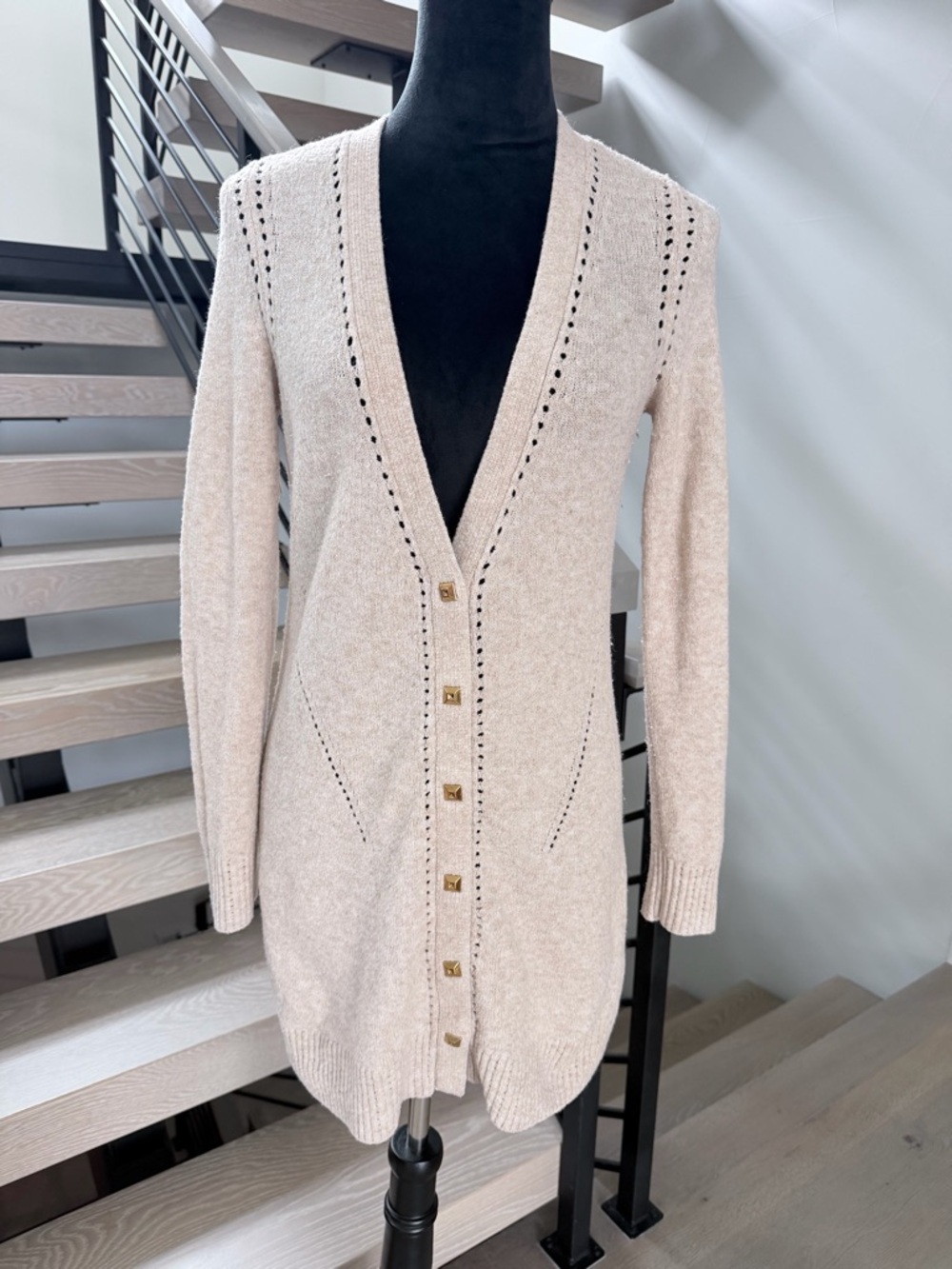 WHBM Women's Long Open-Knit V-Neck Cardigan Sweater Dress - Cream size XS